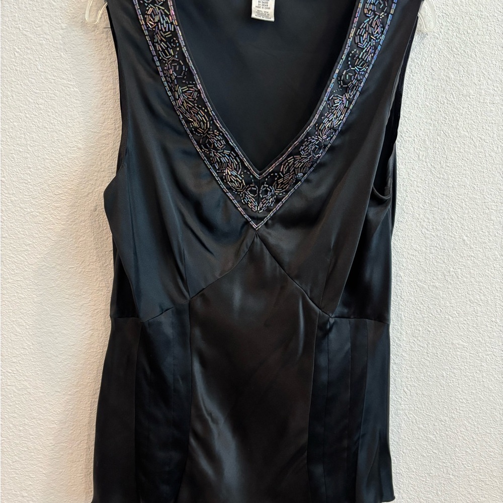 Nine West Black Satin Sleeveless Top with Beaded Neckline